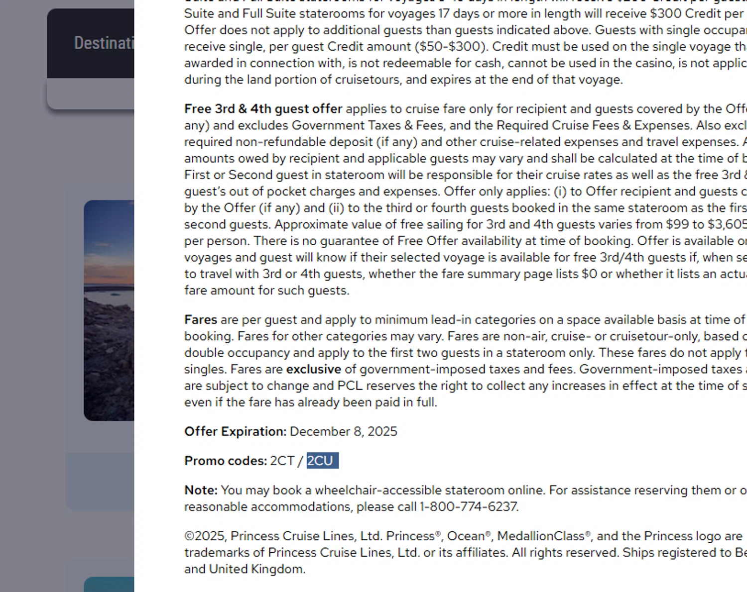 Princess Cruises promo code screenshot showing code 2CU applied at Princess Cruises checkout page. Uploaded by SimplyCodes community member Dejadepicharme on Nov 19, 2025