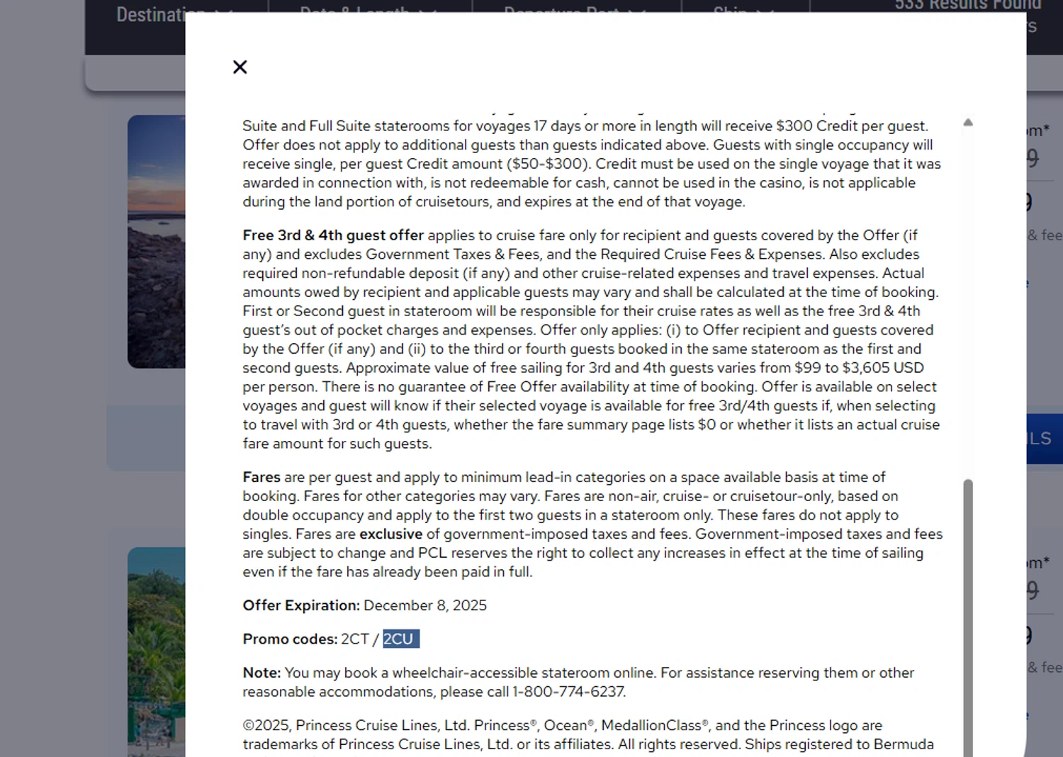 Princess Cruises promo code screenshot showing code 2CU applied at Princess Cruises checkout page. Uploaded by SimplyCodes community member Dejadepicharme on Nov 15, 2025