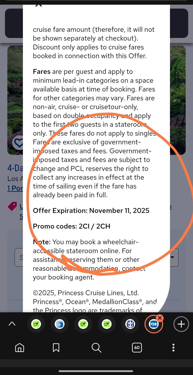 Princess Cruises promo code screenshot showing code 2CH applied at Princess Cruises checkout page. Uploaded by SimplyCodes community member Dejadepicharme on Sep 5, 2025