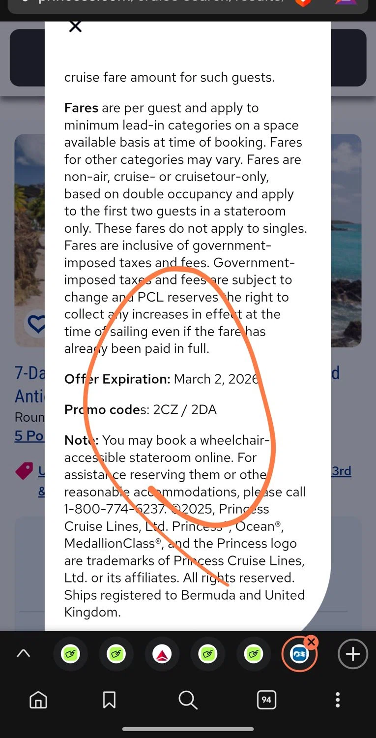 Princess Cruises promo code screenshot showing code 2DA applied at Princess Cruises checkout page. Uploaded by SimplyCodes community member Dejadepicharme on Jan 29, 2026