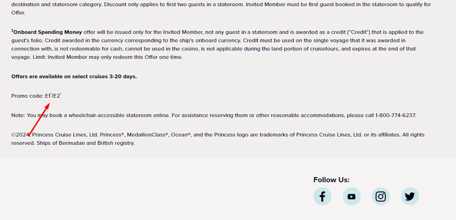 Princess Cruises promo code screenshot showing code E1 applied at Princess Cruises checkout page. Uploaded by SimplyCodes community member carlosrivero on Dec 16, 2024