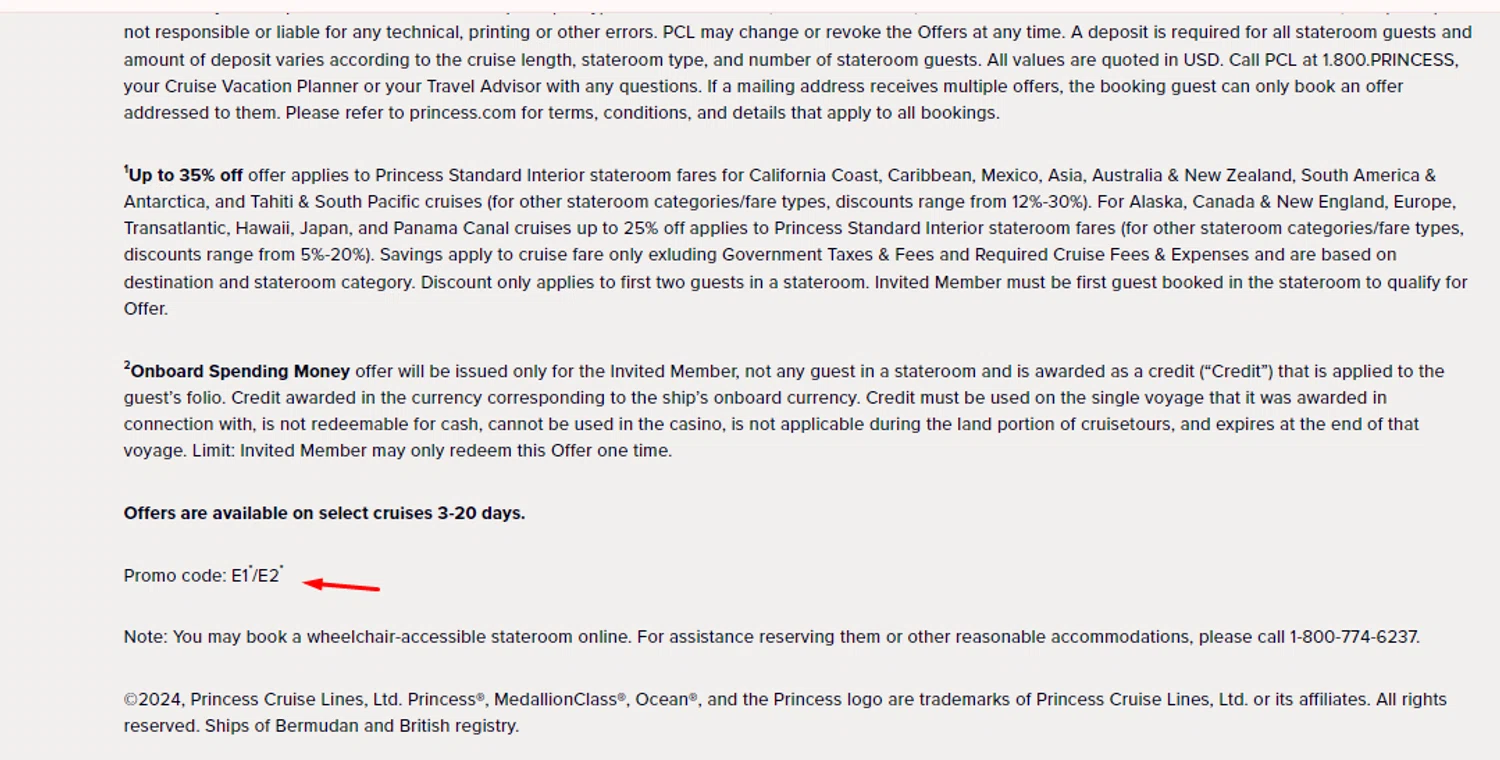 Princess Cruises promo code screenshot showing code E1 applied at Princess Cruises checkout page. Uploaded by SimplyCodes community member carlosrivero on Jun 1, 2025