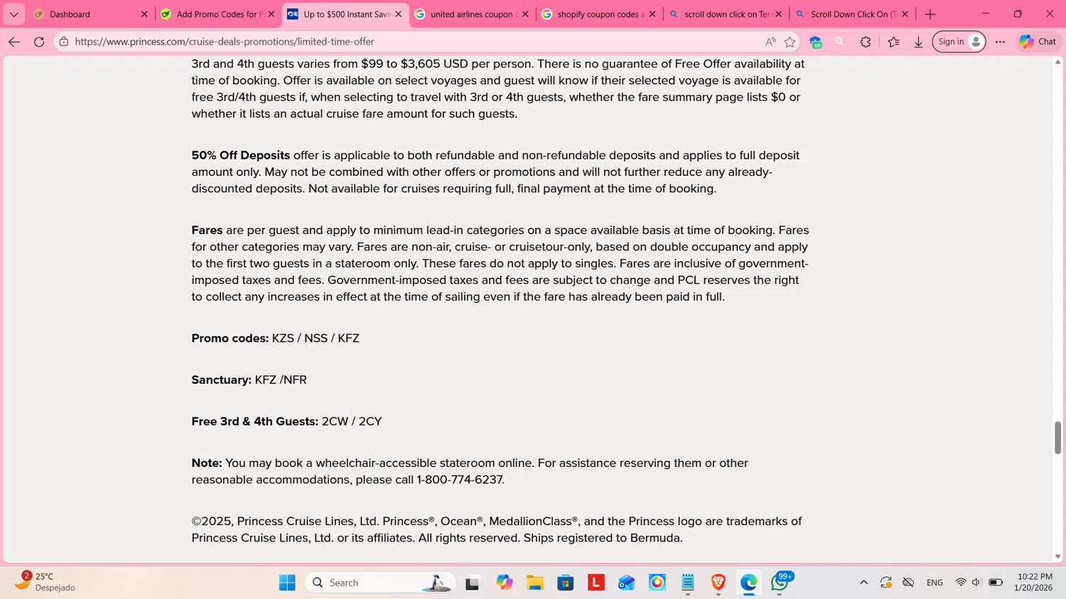 Princess Cruises promo code screenshot showing code 2CY applied at Princess Cruises checkout page. Uploaded by SimplyCodes community member cosita on Jan 21, 2026