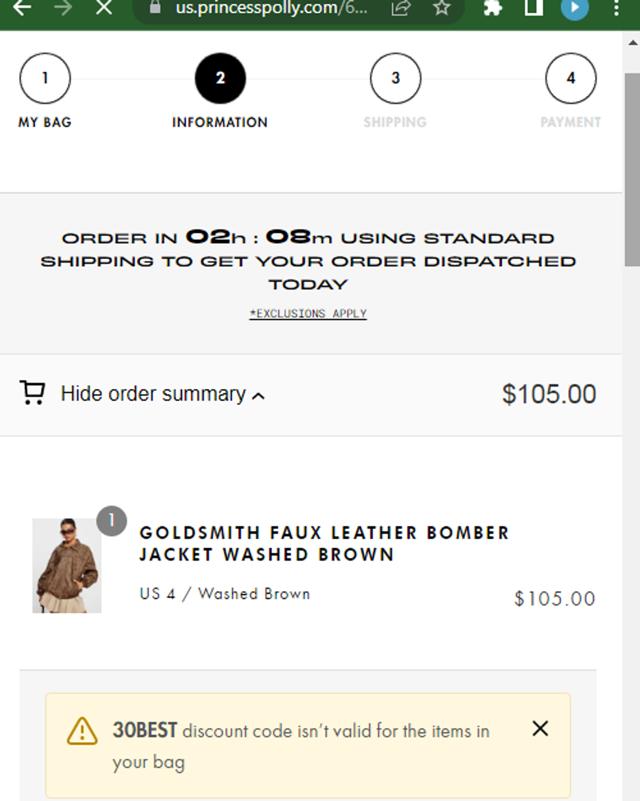 Princess Polly US checkout page showing Princess Polly US promo code box | Screenshot taken by SimplyCodes community member on Nov 3, 2023