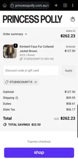 Princess Polly AU coupon verification screenshot