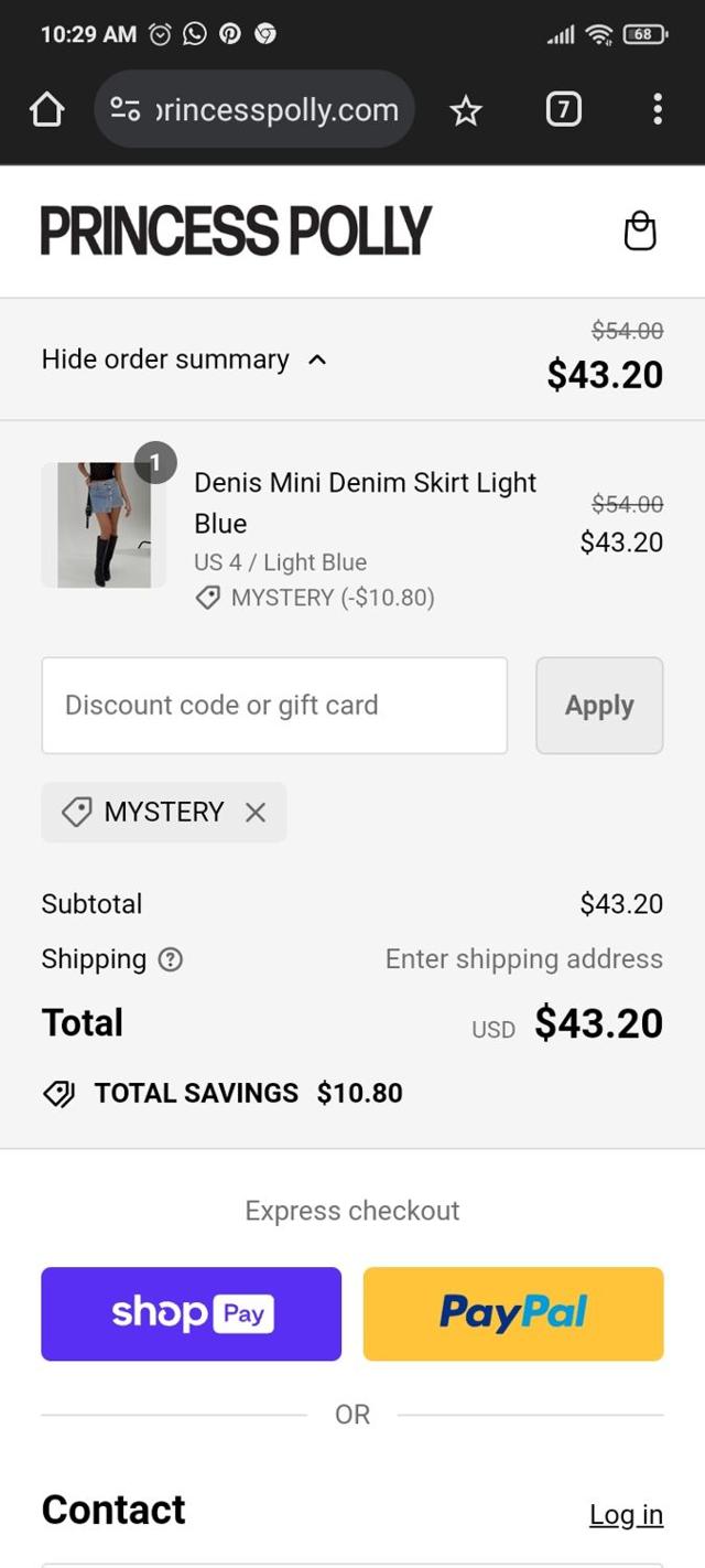 Princess Polly US checkout page showing Princess Polly US promo code box | Screenshot taken by SimplyCodes community member on Jul 14, 2024