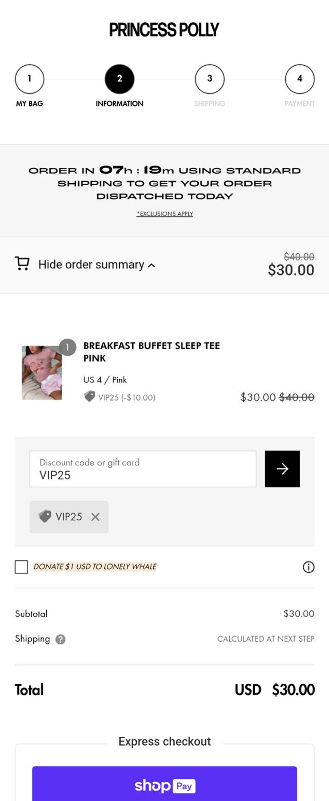 Princess Polly US checkout page showing Princess Polly US promo code box | Screenshot taken by SimplyCodes community member on Feb 9, 2024