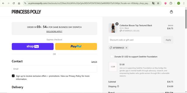Princess Polly US checkout page showing Princess Polly US promo code box | Screenshot taken by SimplyCodes community member on Jun 22, 2025