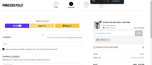 Princess Polly US checkout page showing Princess Polly US promo code box | Screenshot taken by SimplyCodes community member on Mar 21, 2024