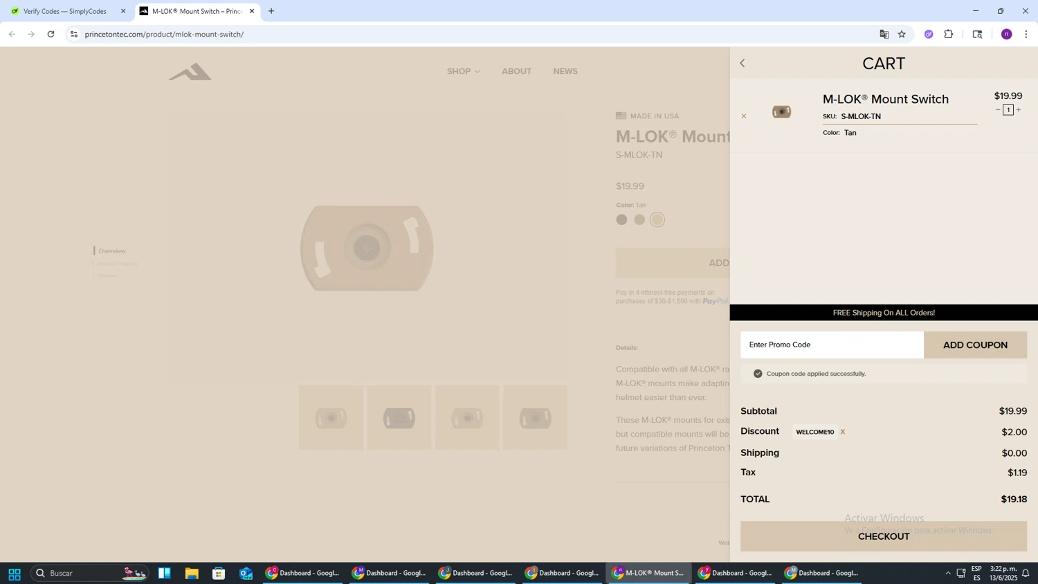 Princeton Tec promo code screenshot showing code WELCOME10 applied at Princeton Tec checkout page. Uploaded by SimplyCodes community member AVAMUSTANG on Jun 13, 2025