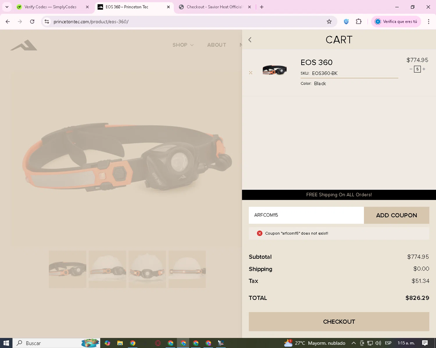 Princeton Tec promo code screenshot showing code ARFCOM15 applied at Princeton Tec checkout page. Uploaded by SimplyCodes community member SavvyCurator7240 on Jun 13, 2025