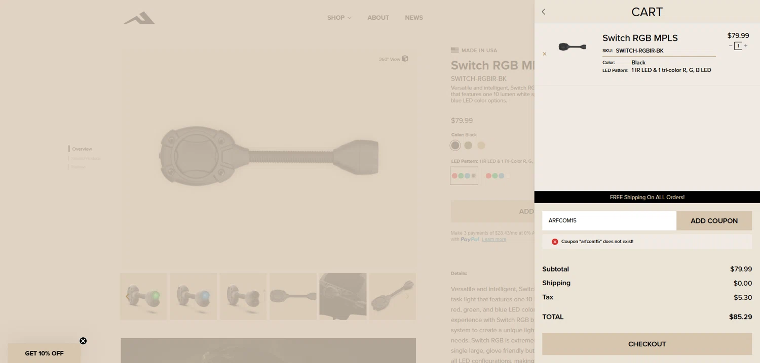 Princeton Tec promo code screenshot showing code ARFCOM15 applied at Princeton Tec checkout page. Uploaded by SimplyCodes community member SavvyLion5780 on Jun 13, 2025