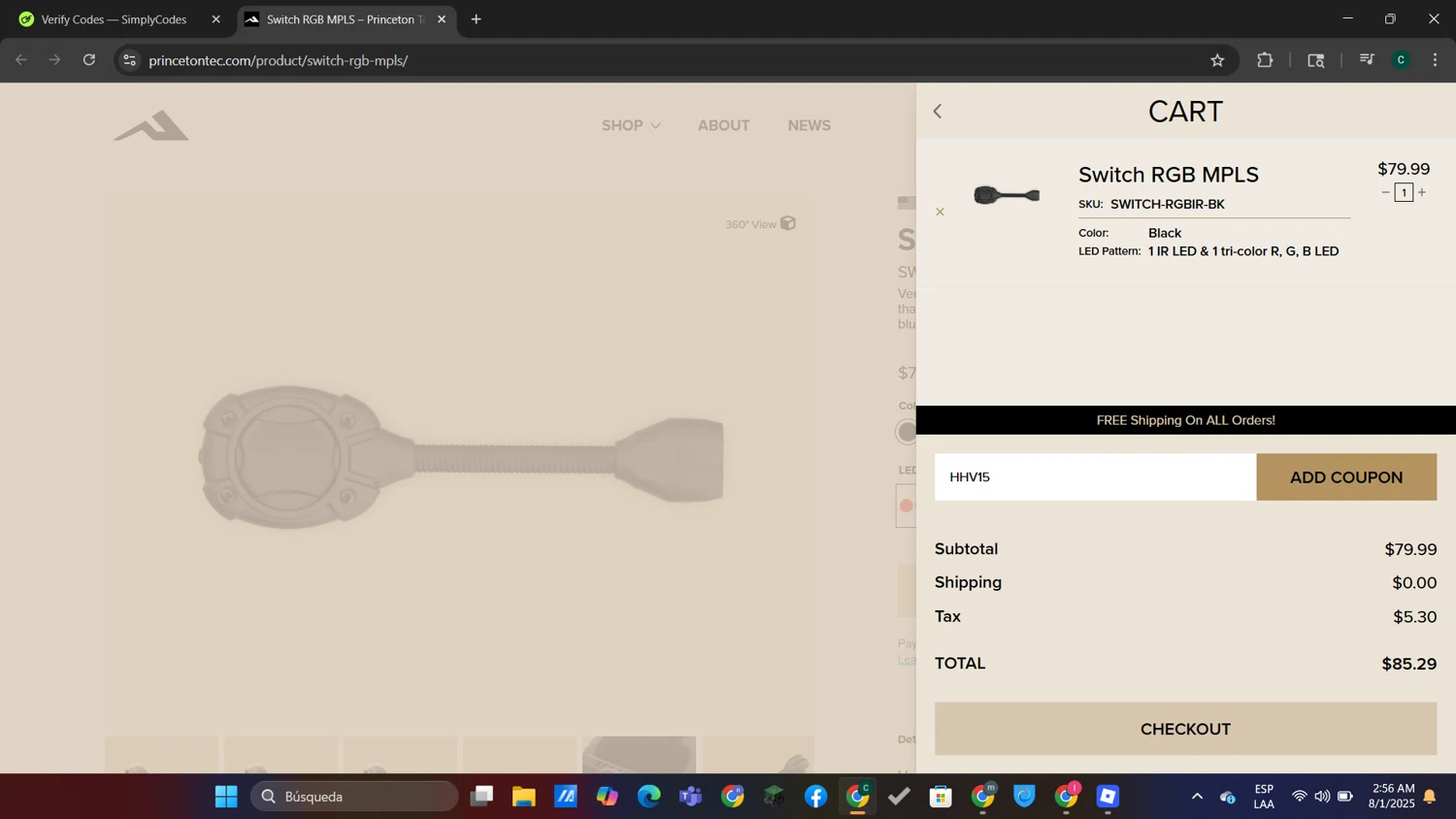Princeton Tec checkout page showing Princeton Tec promo code box | Screenshot taken by SimplyCodes community member on Aug 1, 2025