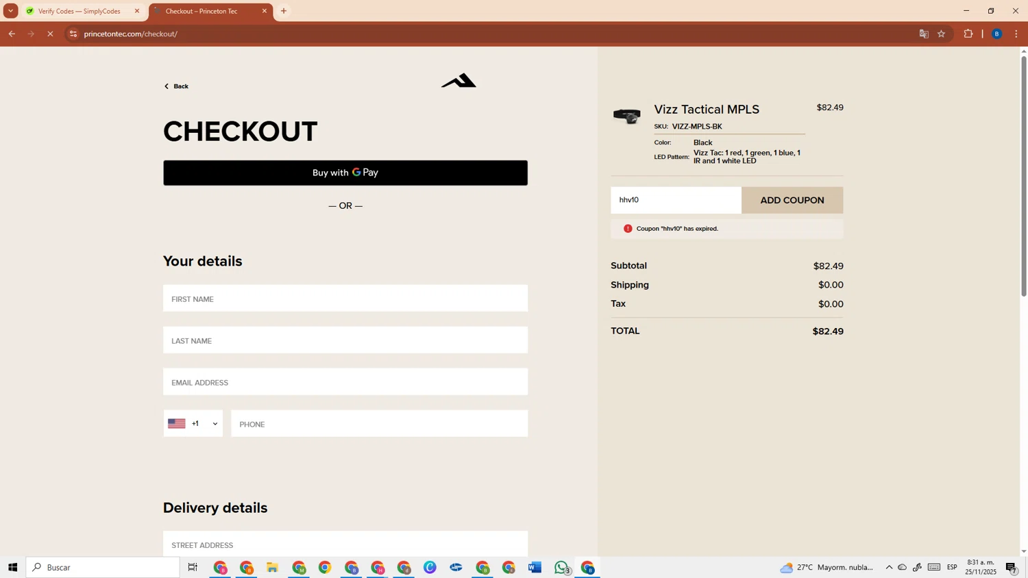 Princeton Tec promo code screenshot showing code hhv10 applied at Princeton Tec checkout page. Uploaded by SimplyCodes community member DiscountRanger3690 on Nov 25, 2025