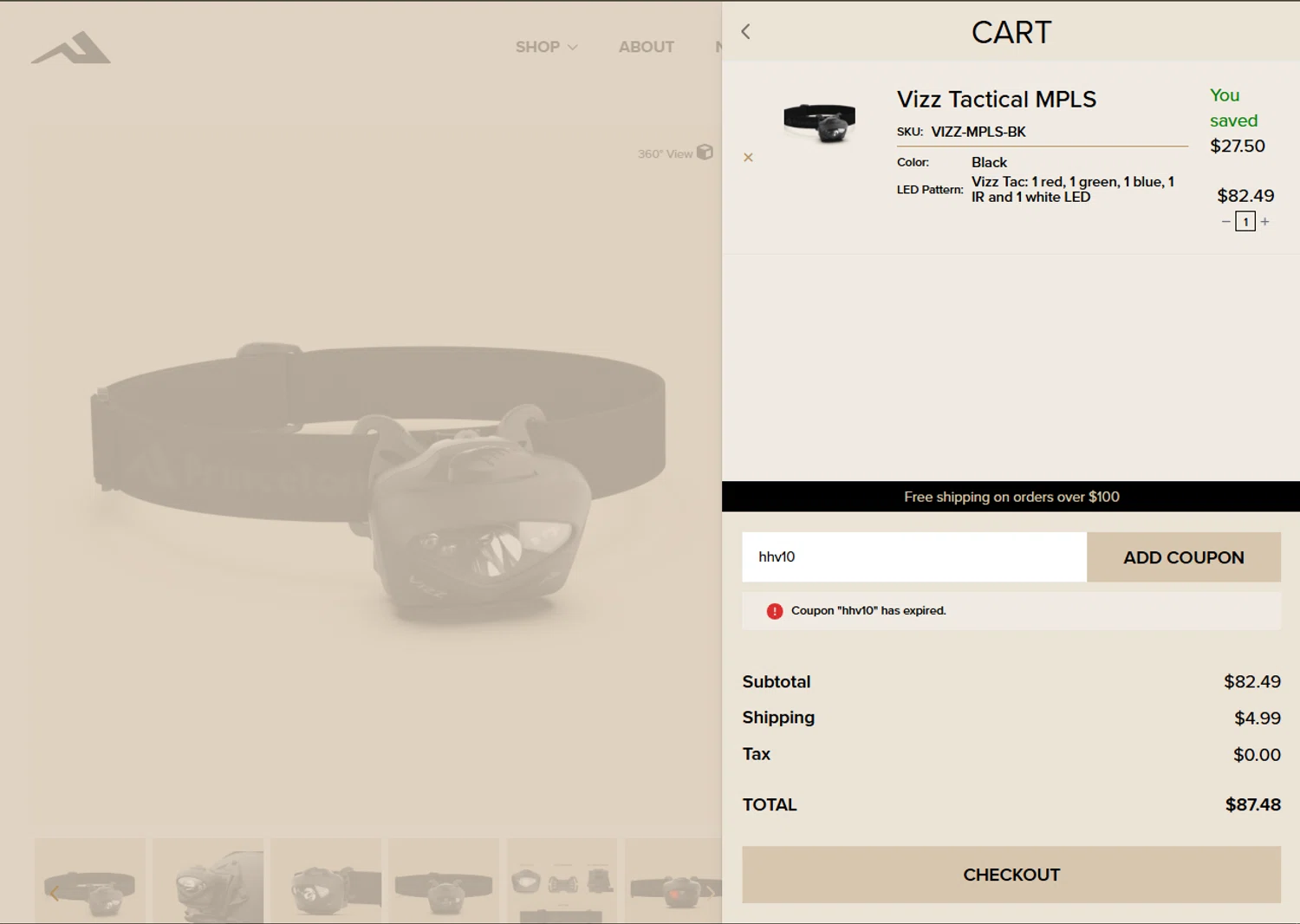 Princeton Tec promo code screenshot showing code hhv10 applied at Princeton Tec checkout page. Uploaded by SimplyCodes community member SwiftTracker8156 on Nov 25, 2025