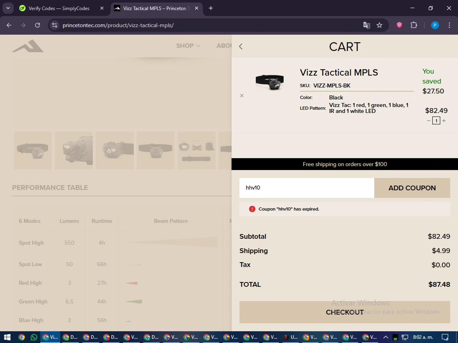 Princeton Tec promo code screenshot showing code hhv10 applied at Princeton Tec checkout page. Uploaded by SimplyCodes community member juiceWRLD on Nov 25, 2025