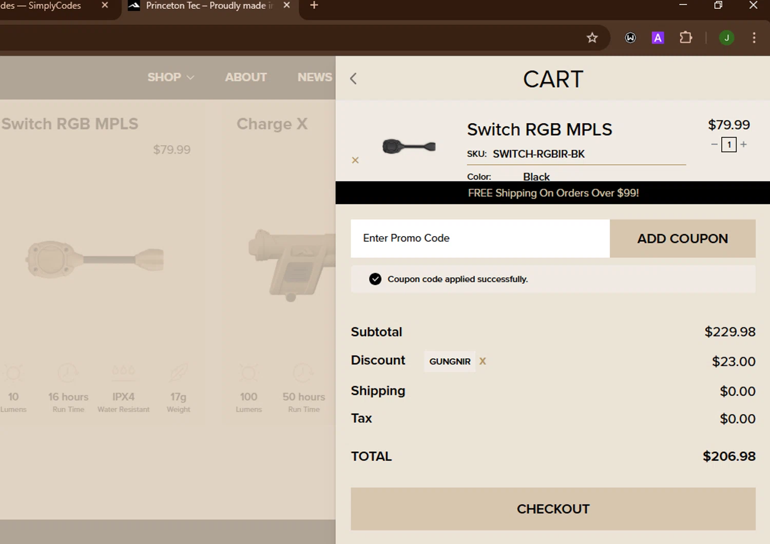 Princeton Tec promo code screenshot showing code GUNGNIR applied at Princeton Tec checkout page. Uploaded by SimplyCodes community member SnoopDogg on Nov 14, 2025