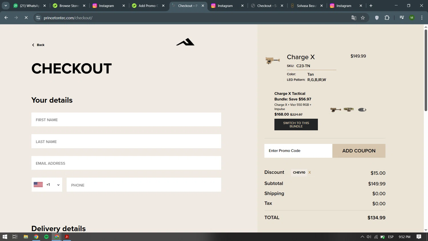 Princeton Tec promo code screenshot showing code CHEV10 applied at Princeton Tec checkout page. Uploaded by SimplyCodes community member becomeaware on Dec 12, 2025