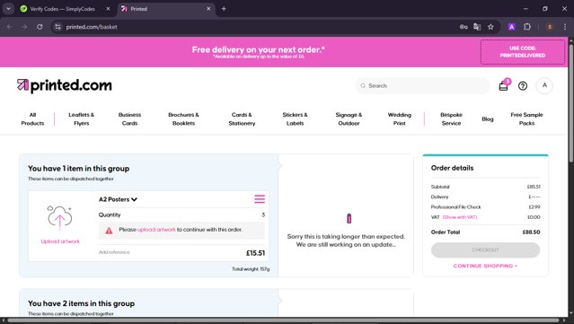 Printed.com checkout page showing Printed.com promo code box | Screenshot taken by SimplyCodes community member on Jun 7, 2025