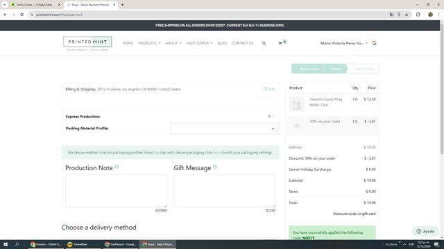 Printed Mint checkout page showing Printed Mint promo code box | Screenshot taken by SimplyCodes community member on Dec 12, 2024