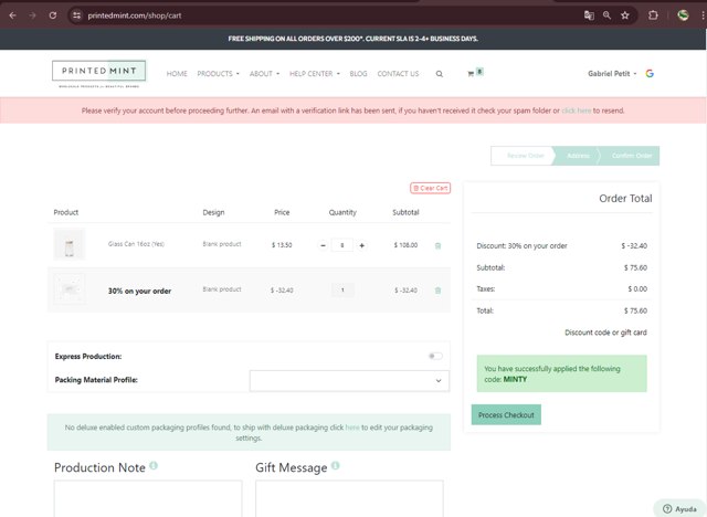 Printed Mint checkout page showing Printed Mint promo code box | Screenshot taken by SimplyCodes community member on Jul 18, 2024