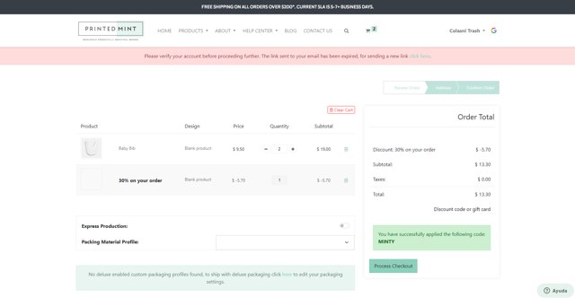 Printed Mint checkout page showing Printed Mint promo code box | Screenshot taken by SimplyCodes community member on Dec 4, 2024