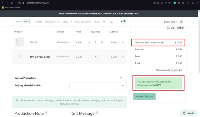 Printed Mint checkout page showing Printed Mint promo code box | Screenshot taken by SimplyCodes community member on Nov 12, 2024
