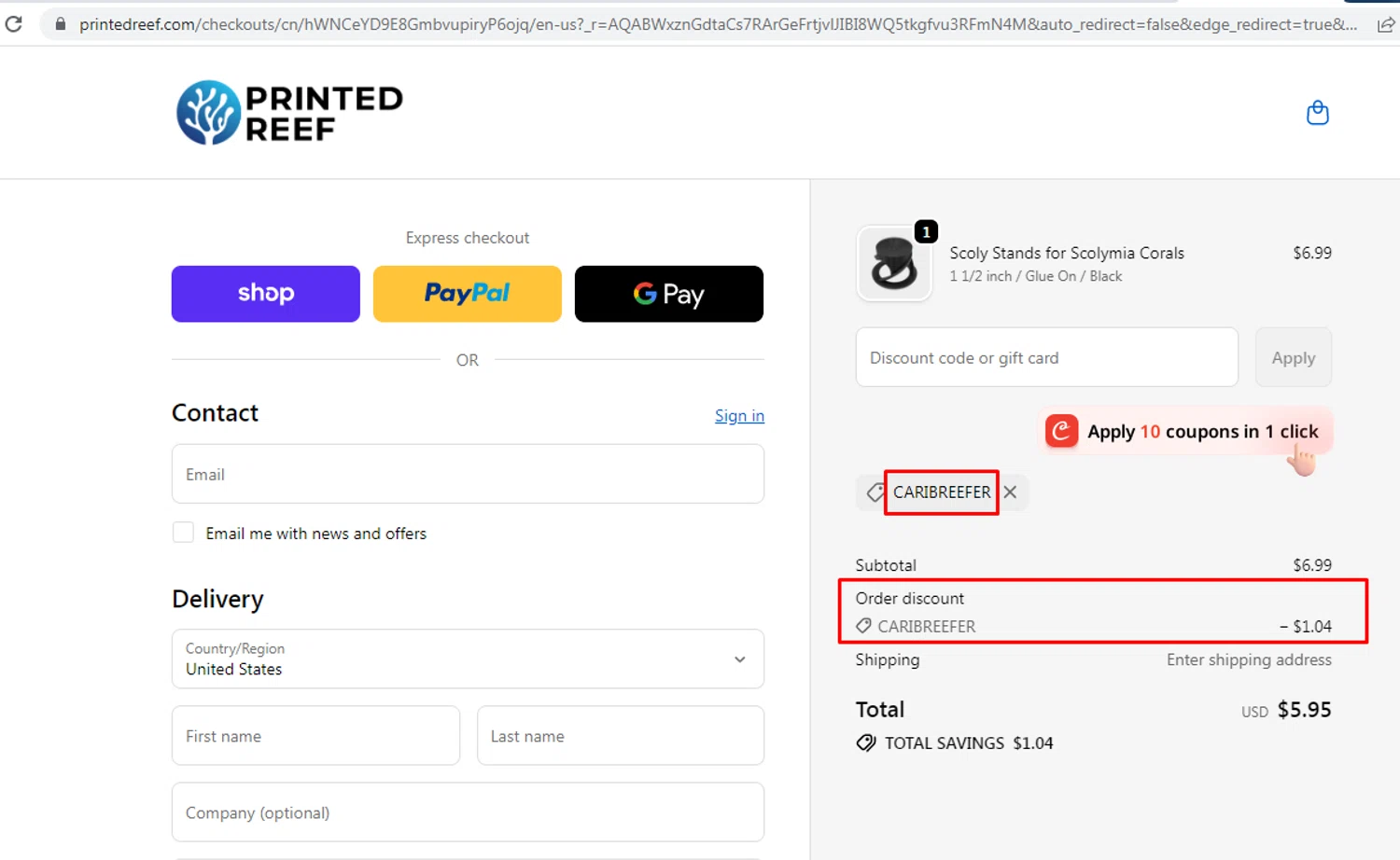 Printed Reef promo code screenshot showing code CARIBREEFER applied at Printed Reef checkout page. Uploaded by SimplyCodes community member nileskamarcano on May 27, 2026