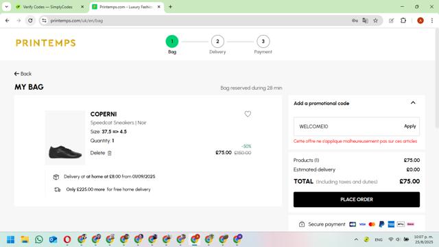 Printemps checkout page showing Printemps promo code box | Screenshot taken by SimplyCodes community member on Aug 26, 2025