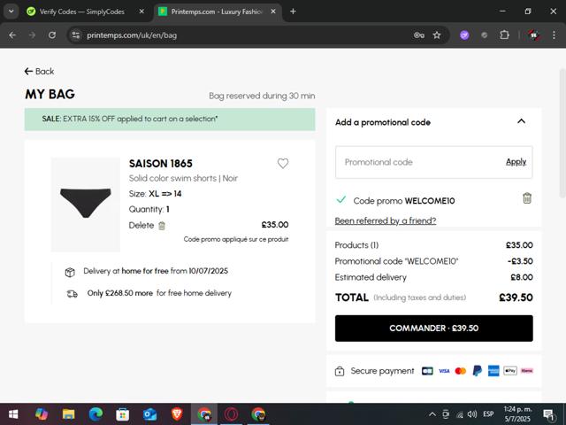 Printemps checkout page showing Printemps promo code box | Screenshot taken by SimplyCodes community member on Jul 5, 2025
