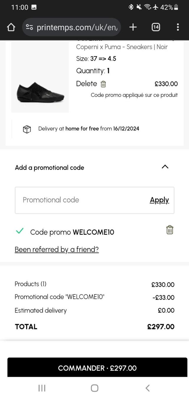 Printemps checkout page showing Printemps promo code box | Screenshot taken by SimplyCodes community member on Dec 9, 2024