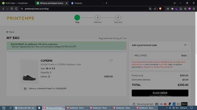 Printemps checkout page showing Printemps promo code box | Screenshot taken by SimplyCodes community member on Nov 29, 2024