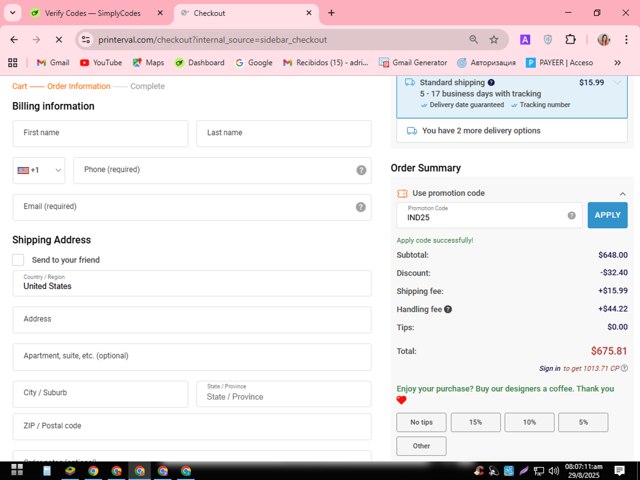 Printerval checkout page showing Printerval promo code box | Screenshot taken by SimplyCodes community member on Aug 29, 2025