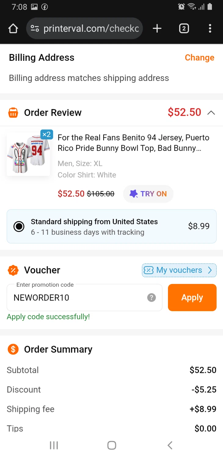 Printerval promo code screenshot showing code NEWORDER10 applied at Printerval checkout page. Uploaded by SimplyCodes community member billgates0997923425561 on Feb 9, 2026