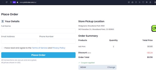 Printicular checkout page showing Printicular coupon code box | Screenshot taken by SimplyCodes community member on Feb 27, 2025