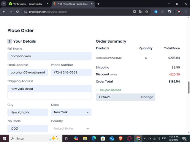 Printicular checkout page showing Printicular coupon code box | Screenshot taken by SimplyCodes community member on Apr 8, 2025