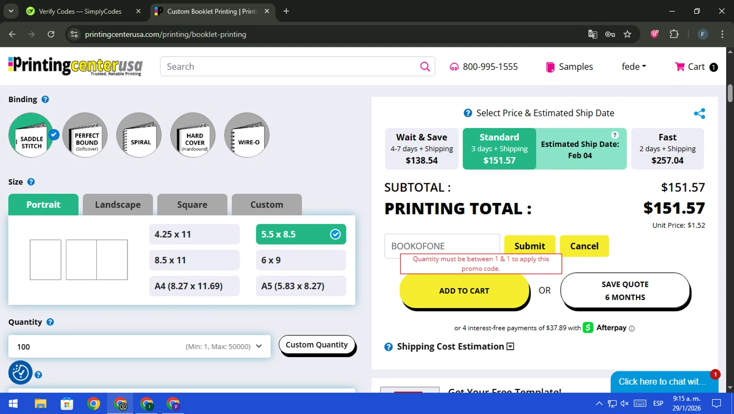 PrintingCenterUSA.com checkout page showing PrintingCenterUSA.com promo code box | Screenshot taken by SimplyCodes community member on Jan 29, 2026
