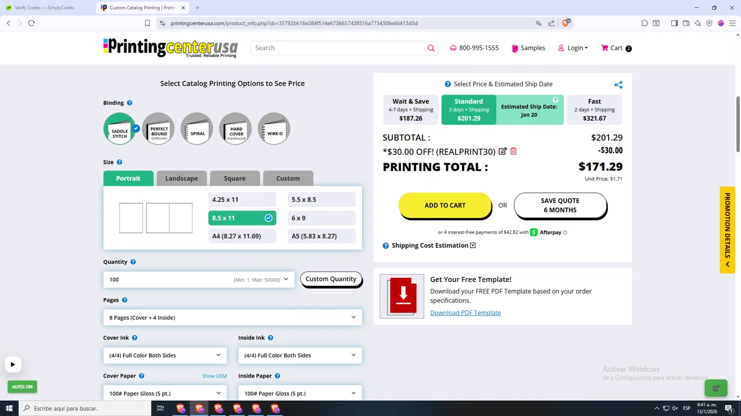 PrintingCenterUSA.com checkout page showing PrintingCenterUSA.com promo code box | Screenshot taken by SimplyCodes community member on Jan 13, 2026