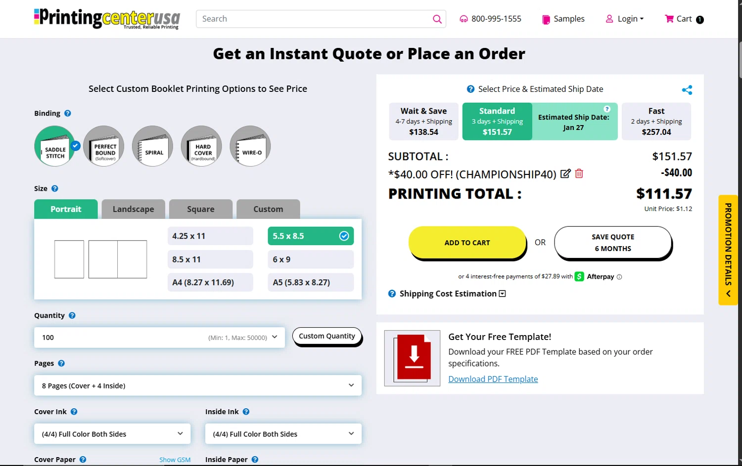PrintingCenterUSA.com checkout page showing PrintingCenterUSA.com promo code box | Screenshot taken by SimplyCodes community member on Jan 21, 2026