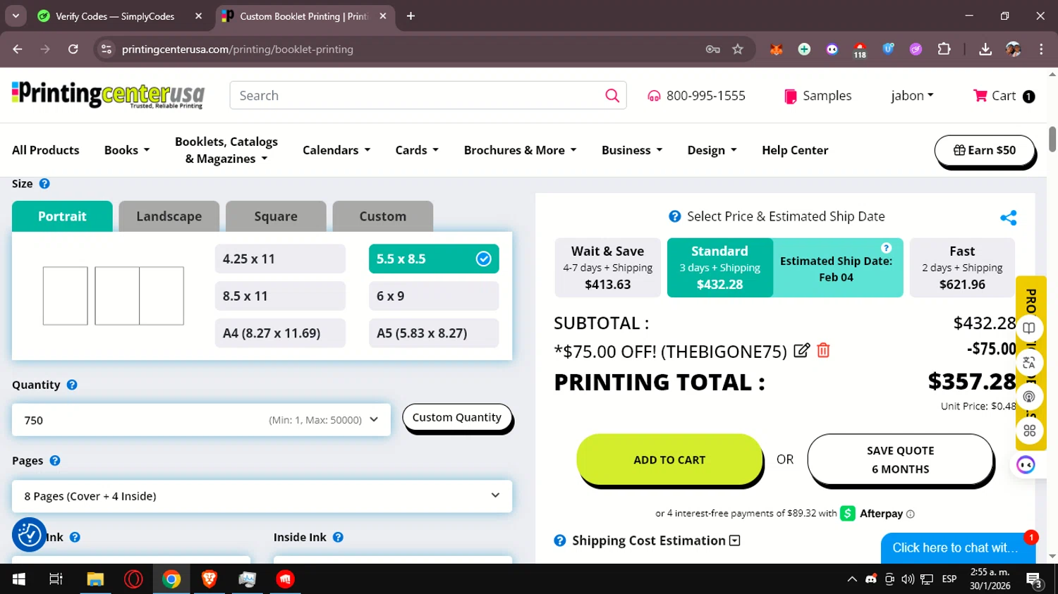 PrintingCenterUSA.com checkout page showing PrintingCenterUSA.com promo code box | Screenshot taken by SimplyCodes community member on Jan 30, 2026