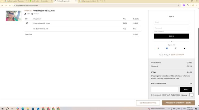 Printique checkout page showing Printique coupon code box | Screenshot taken by SimplyCodes community member on Aug 21, 2025