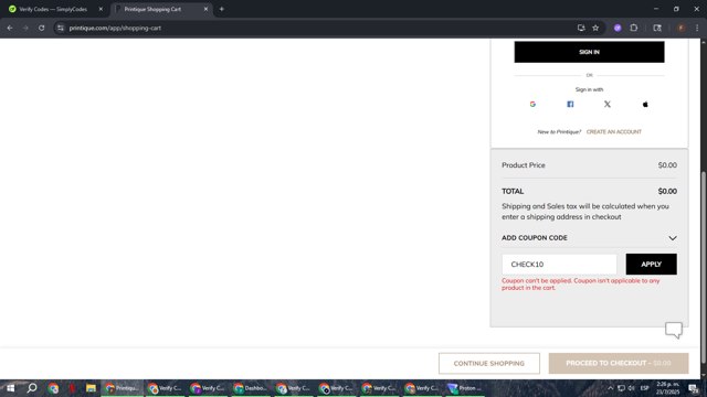 Printique checkout page showing Printique coupon code box | Screenshot taken by SimplyCodes community member on Jul 23, 2025