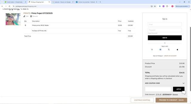 Printique checkout page showing Printique coupon code box | Screenshot taken by SimplyCodes community member on Jul 23, 2025
