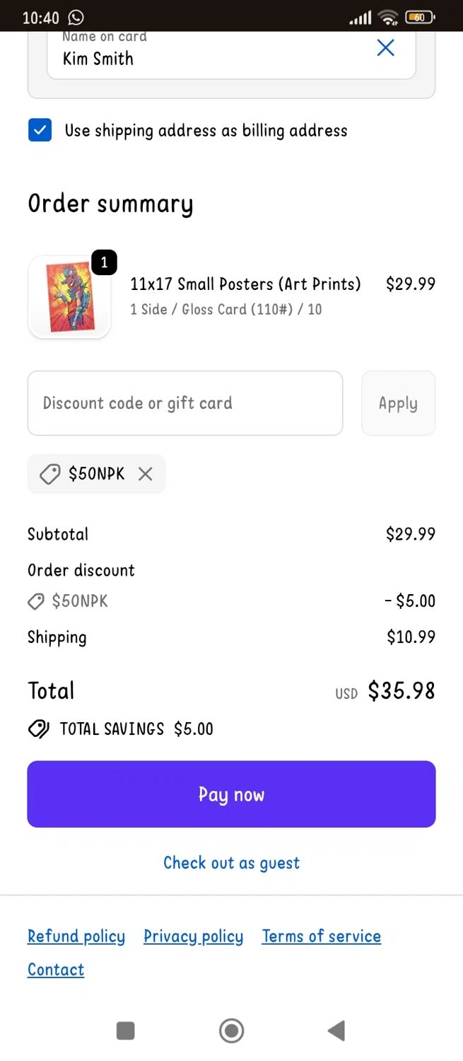 Printkeg discount code screenshot showing code $5ONPK applied at Printkeg checkout page. Uploaded by SimplyCodes community member Kim_michi on Oct 1, 2025