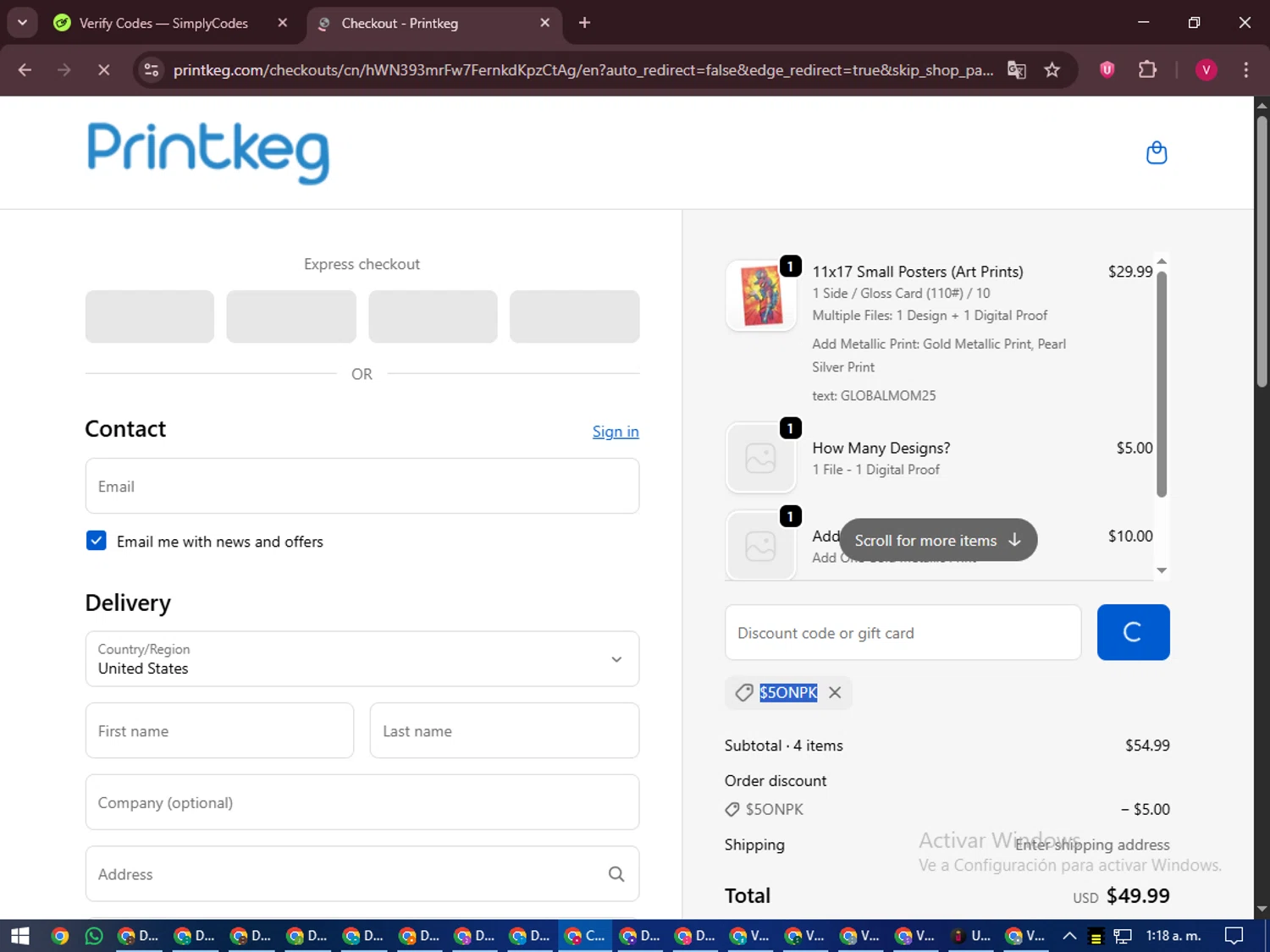 Printkeg discount code screenshot showing code $5ONPK applied at Printkeg checkout page. Uploaded by SimplyCodes community member ShieldEagle6102 on Sep 19, 2025