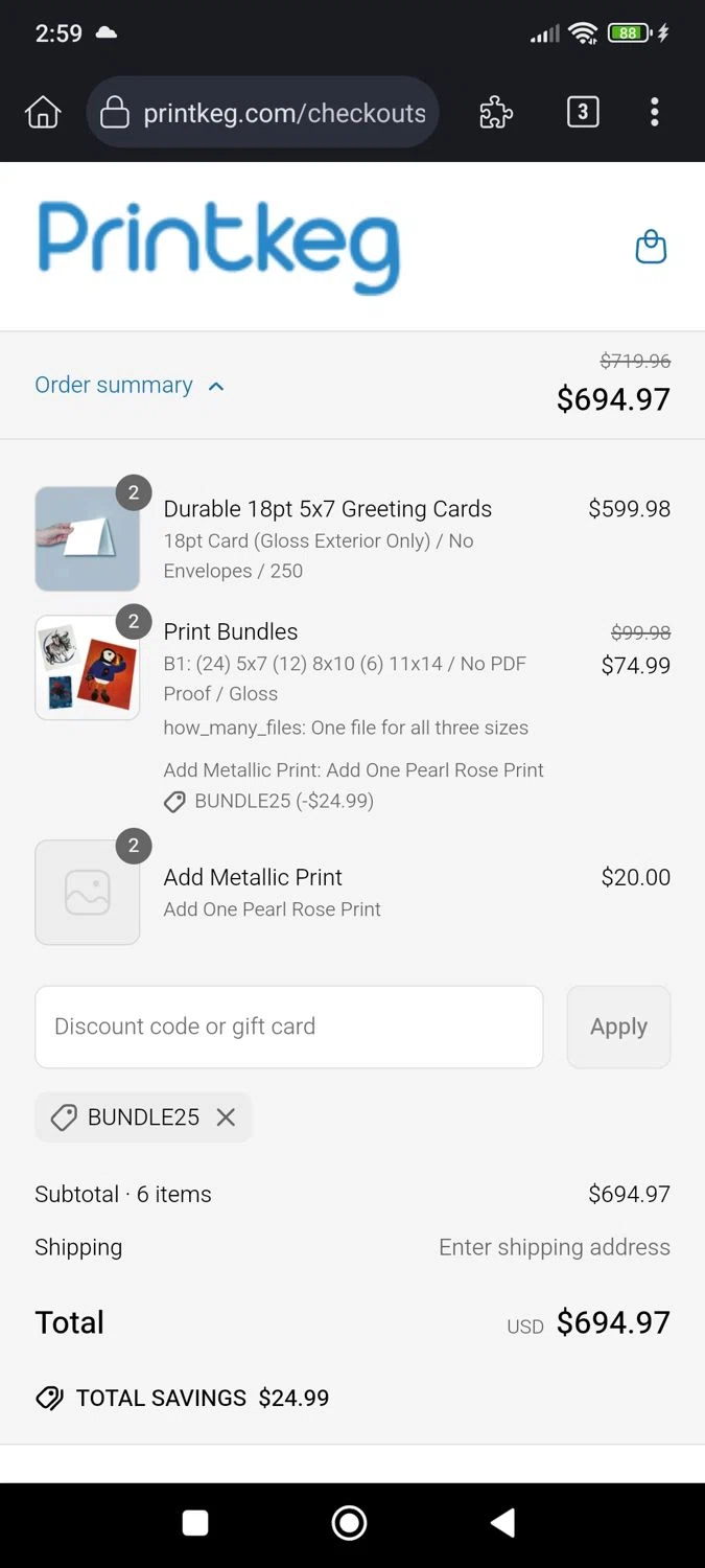 Printkeg discount code screenshot showing code BUNDLE25 applied at Printkeg checkout page. Uploaded by SimplyCodes community member JhoennysM on Jun 29, 2025