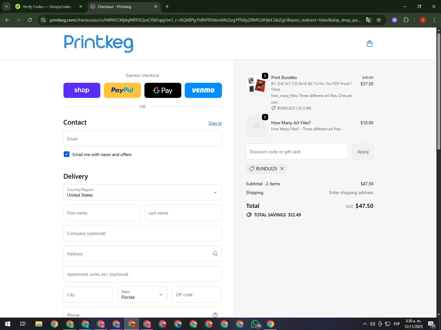 Printkeg discount code screenshot showing code BUNDLE25 applied at Printkeg checkout page. Uploaded by SimplyCodes community member KimDokja on Nov 12, 2025