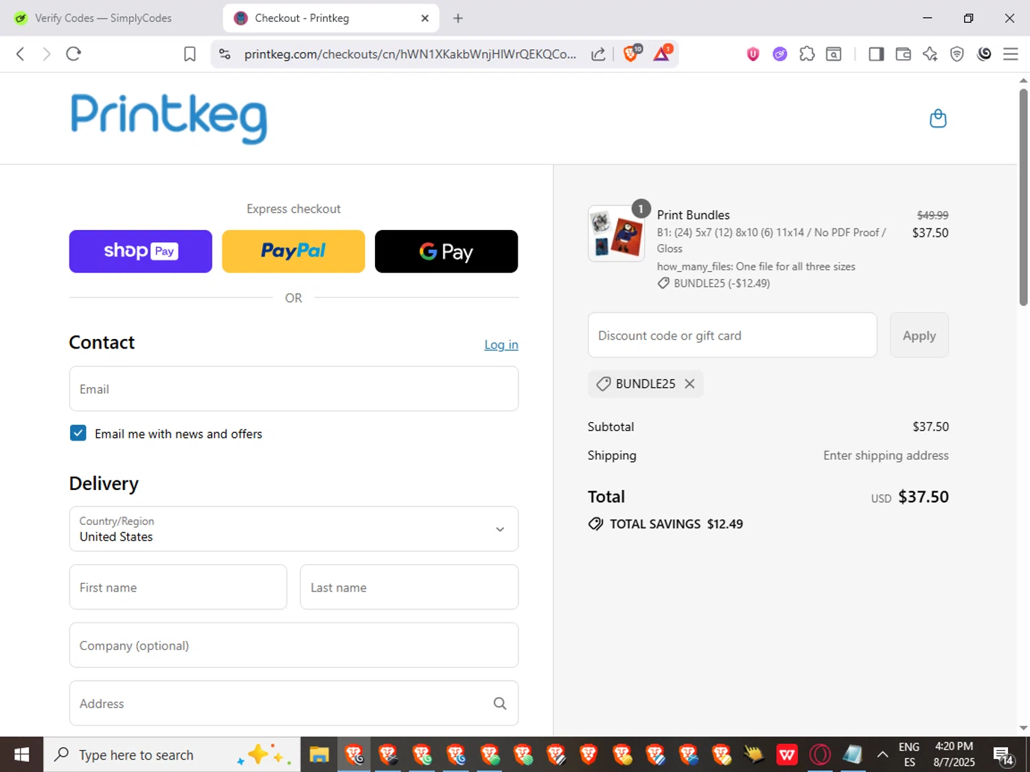 Printkeg discount code screenshot showing code BUNDLE25 applied at Printkeg checkout page. Uploaded by SimplyCodes community member SwiftShopper261 on Aug 7, 2025