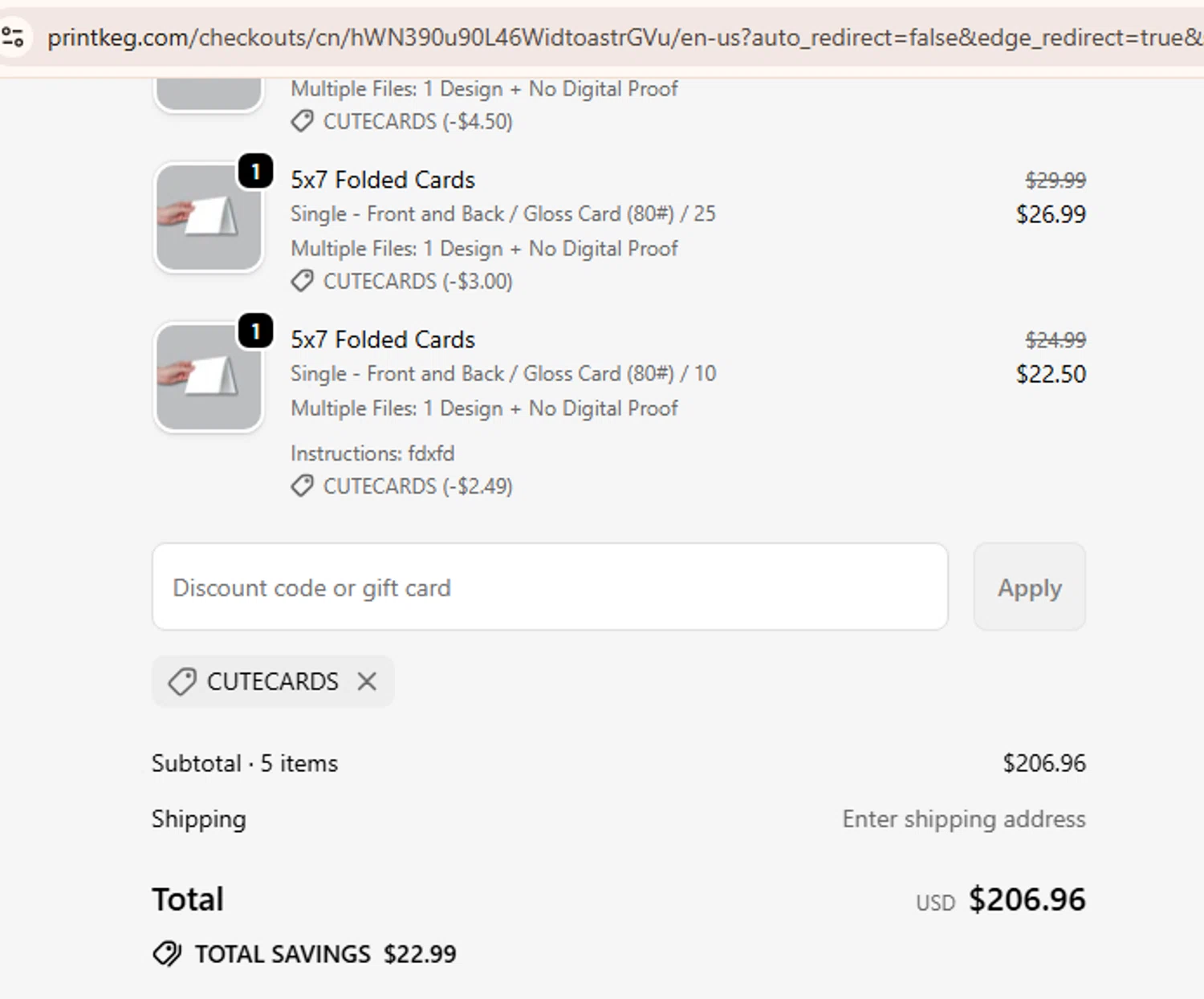 Printkeg discount code screenshot showing code CUTECARDS applied at Printkeg checkout page. Uploaded by SimplyCodes community member CouponSage9293 on Sep 19, 2025