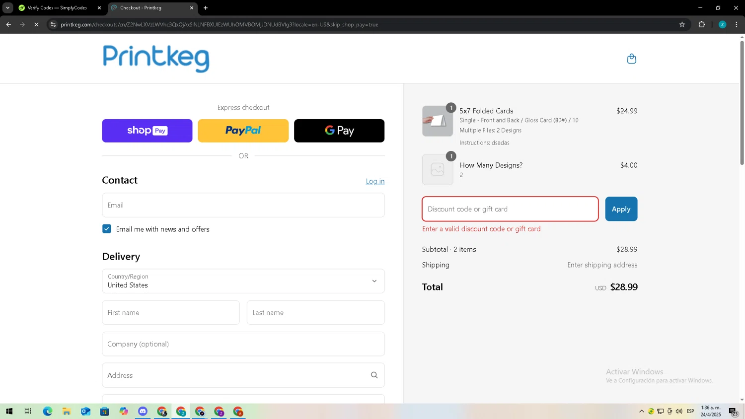 Printkeg discount code screenshot showing code CUTECARDS applied at Printkeg checkout page. Uploaded by SimplyCodes community member Zxdqui on Apr 24, 2025